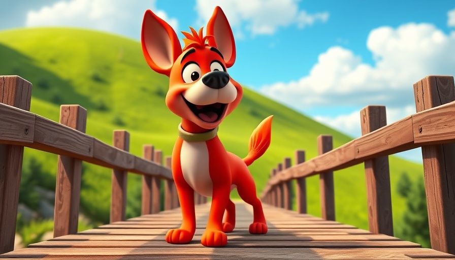 Pet cartoon for kids: Colorful cartoon dog on a bridge.