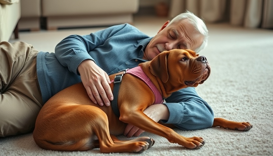 Pet funniest videos: Man and dog cuddling on carpet.