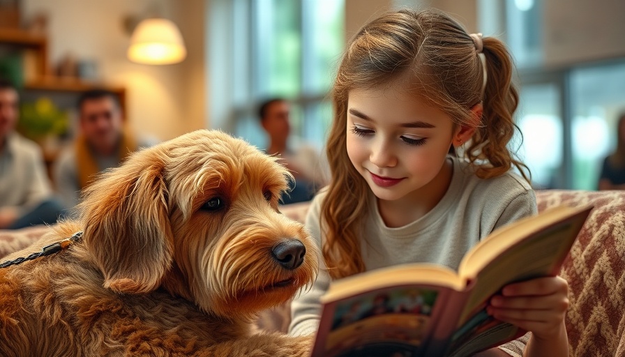 Therapy dog session helping a child read, pet behaviorist consultation scene.