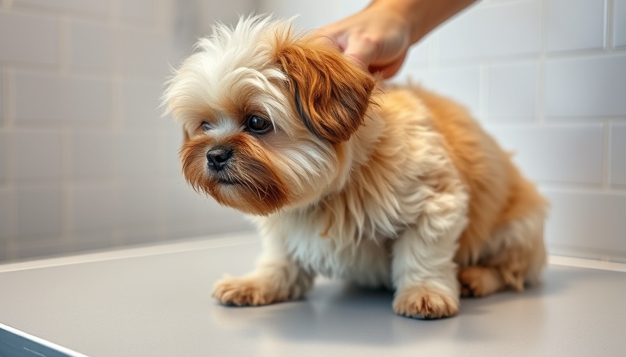 Dog grooming tips: fluffy dog being groomed on table.