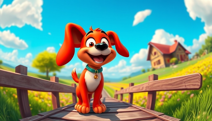 Funny pet cartoons featuring a playful red dog on a bridge.