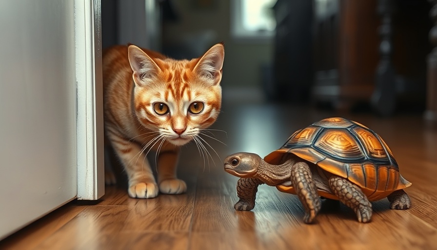 Funny encounter between curious cat and tortoise at doorway.