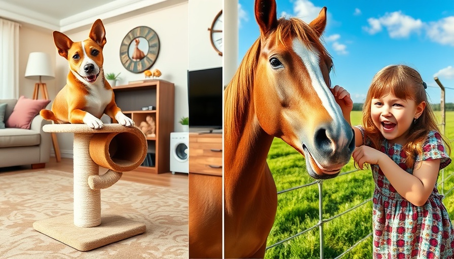 Collage of animal funny moments featuring playful and surprised dogs, young girl petting horse.