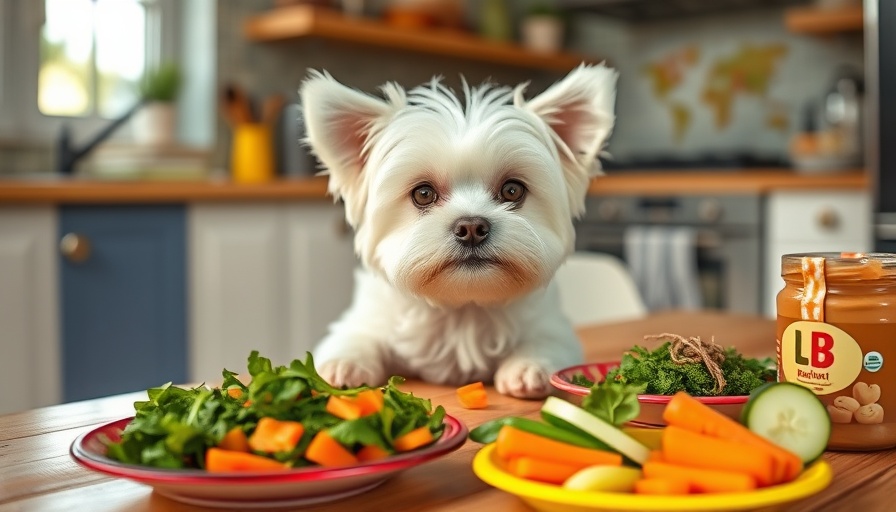 Healthy dog feeding setup with a small white dog, spinach, and carrots.