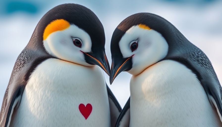 Gentoo penguins showing affection with heart symbols.