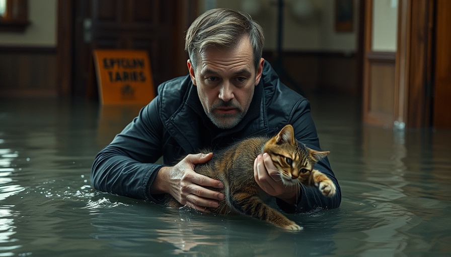 Cat rescue during floods: man on raft saves cat indoors