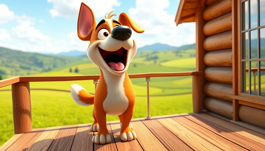 Funny pet cartoons featuring a vibrant animated dog on a deck.