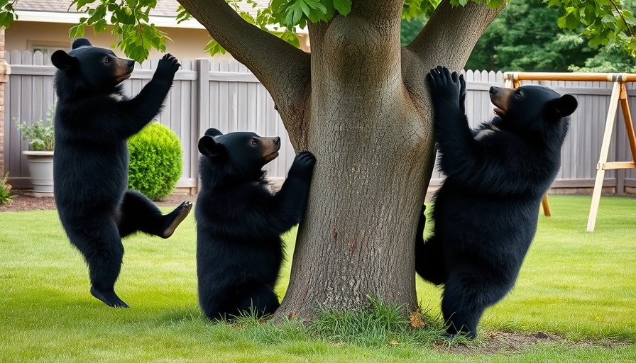 Playful black bears climbing a tree in a residential backyard.