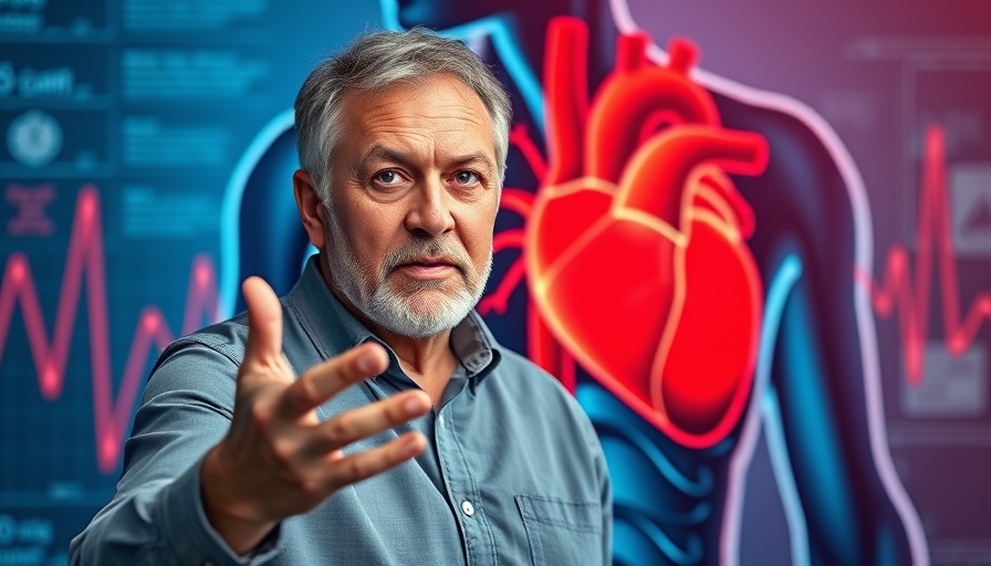 Middle-aged man discussing heart health with digital heart illustration.