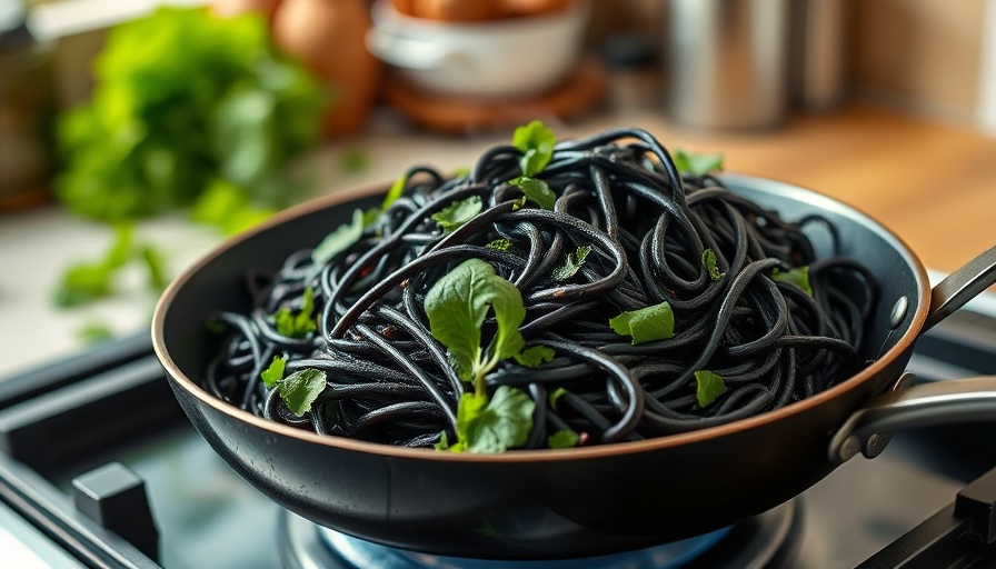 Delicious black pasta with greens in skillet, 'Healthy Foods'.