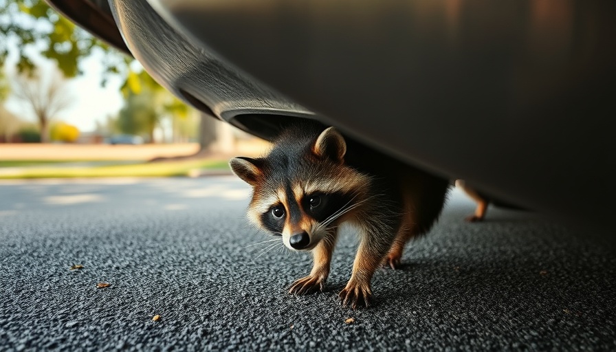 Raccoon hiding in car engine bay on suburban driveway.