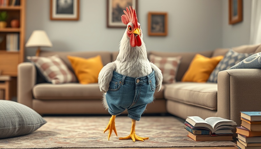 Fashionable Chicken strolling in blue jeans in a cozy room.