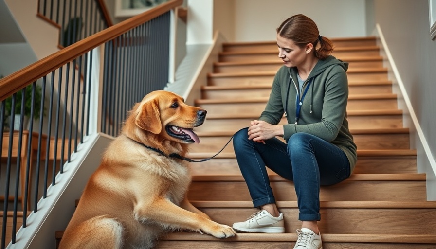 Professional dog trainer with golden retriever indoors.