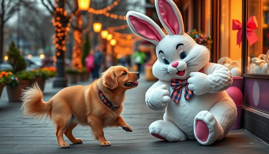 Dog meeting Easter Bunny in a festive scene.