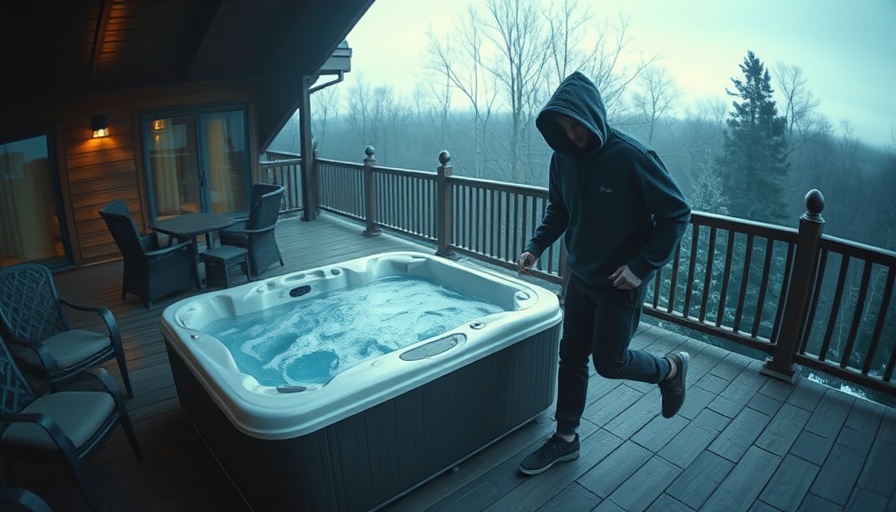 Security camera captures hooded figure near hot tub on a deck.