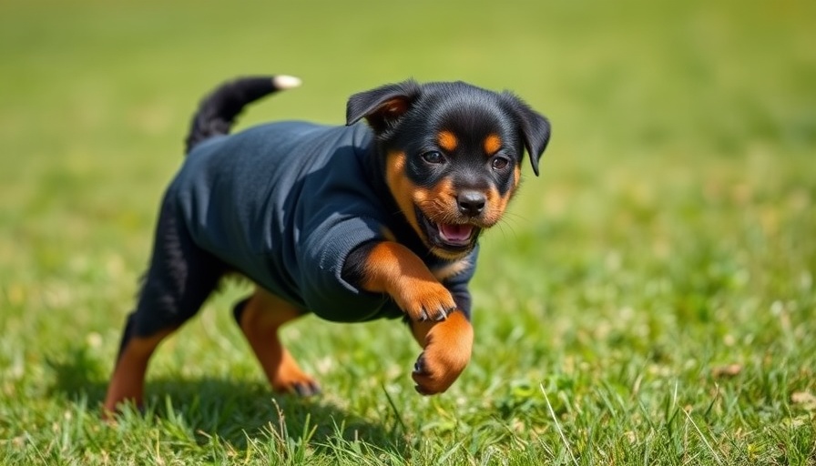 Energetic Rottweiler puppy playfully biting sleeve during outdoor training.
