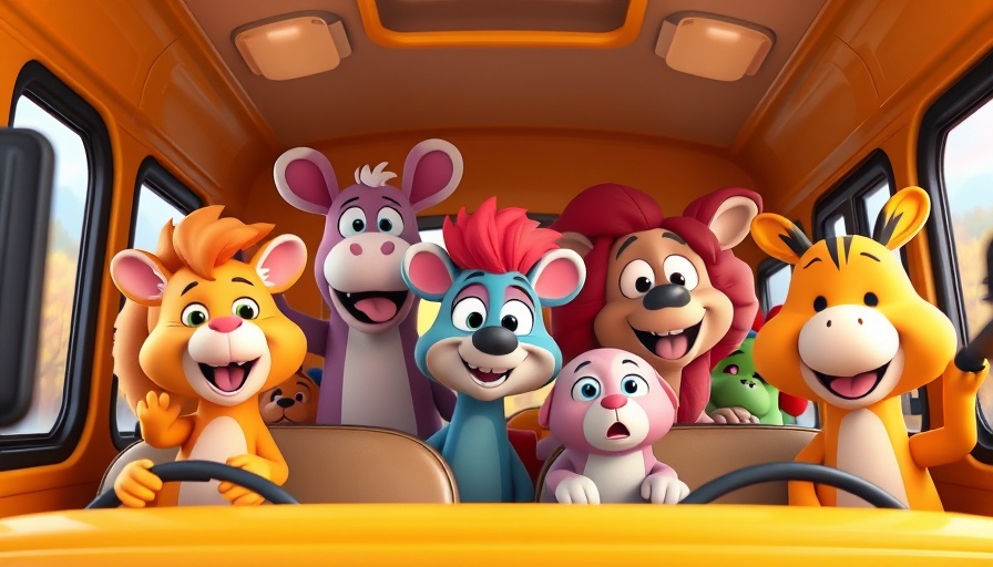 Cartoon animals having fun on a bus, children entertainment.
