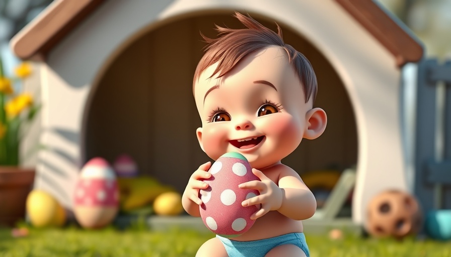 Adorable cartoon baby having fun holding Easter egg in vibrant setting.