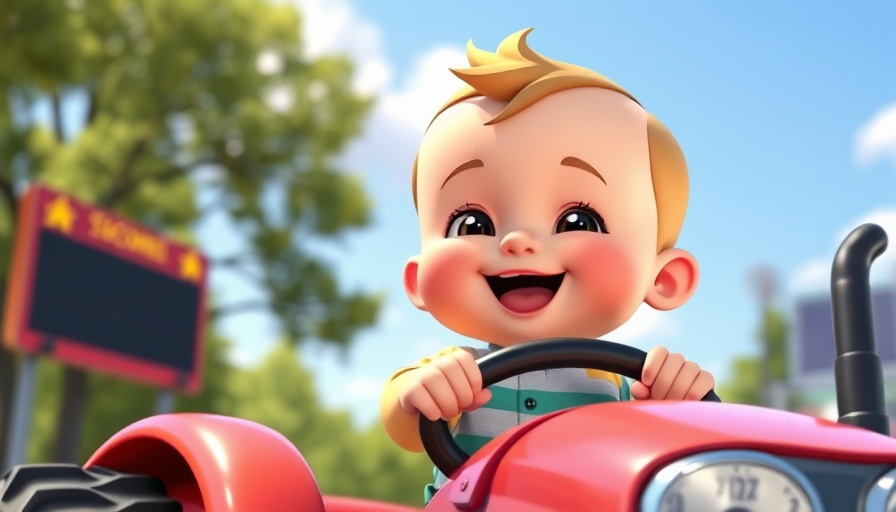 Children Fun: Cartoon baby enjoying a tractor ride on a sunny day.