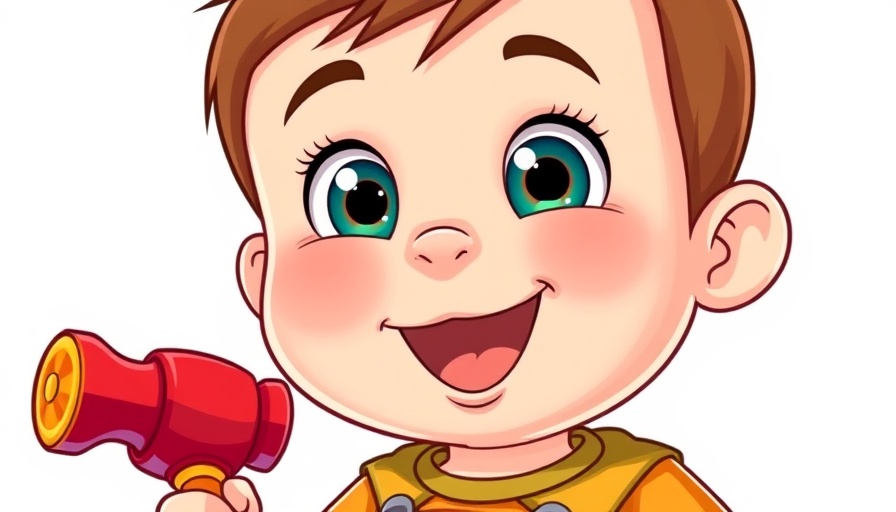 Cheerful cartoon baby with hammer, children fun theme
