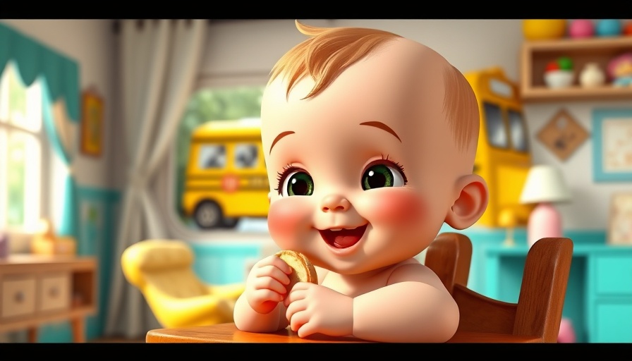 Cute animated baby with bus background in children's fun setting.