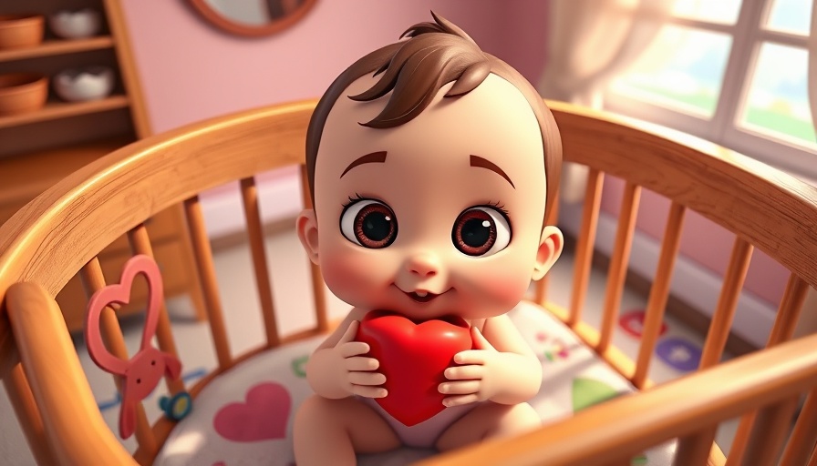 Cartoon baby in crib having fun, holding a toy, children fun.