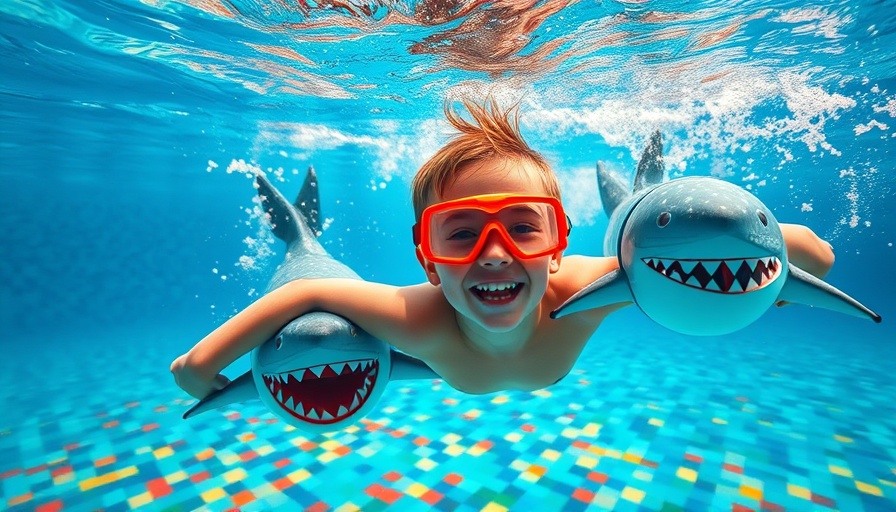Summer adventures in swimming pool for kids, boy with inflatable sharks.