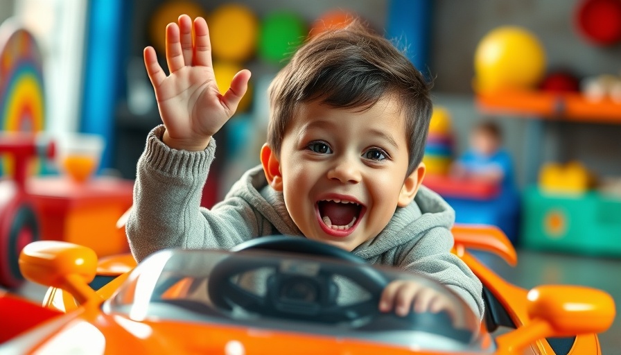 Adventurous boy in toy race car, excited in a playful setting.