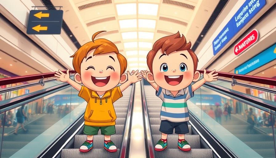 Kids demonstrating mall safety rules on escalators.