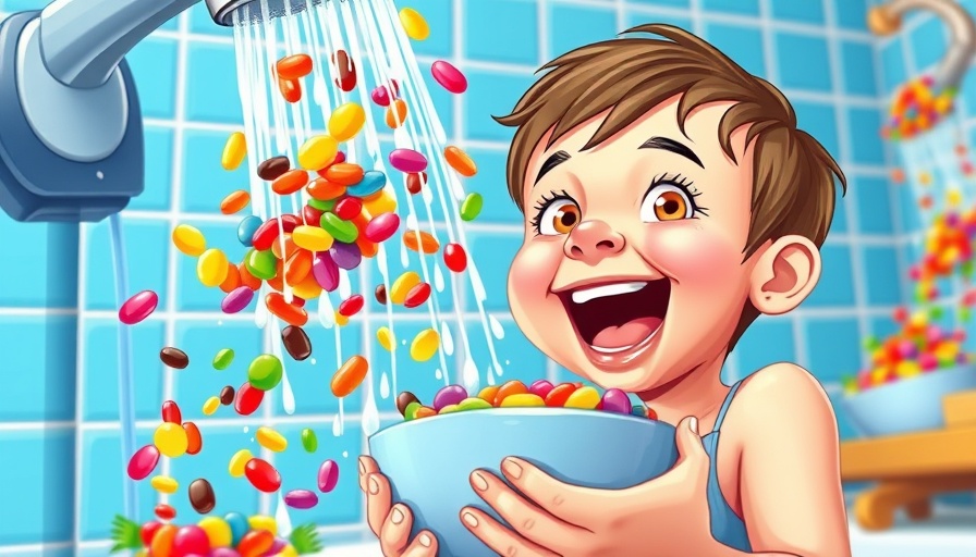 Child enjoying colorful candy shower in vibrant setting, kid stories.