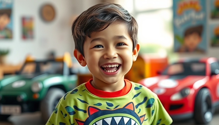 Young boy joyfully wearing a colorful monster t-shirt indoors.