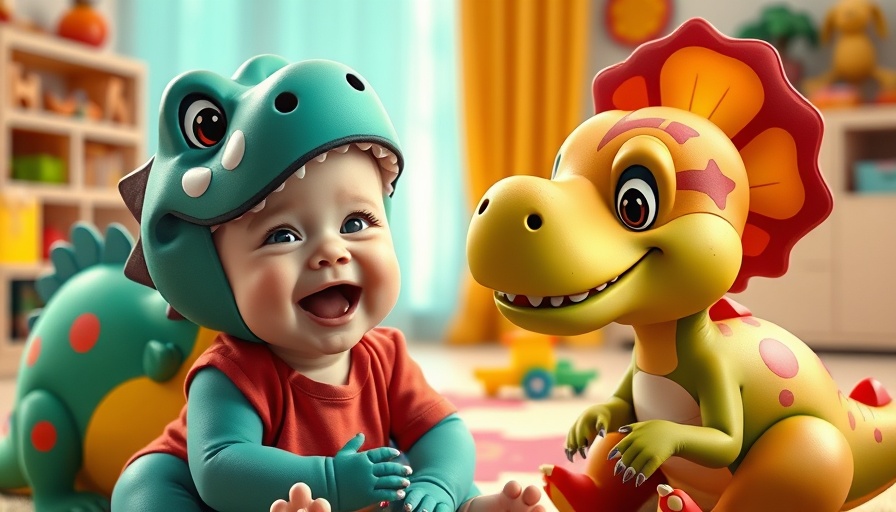 Children Fun cartoon with baby and dinosaurs in a playroom.