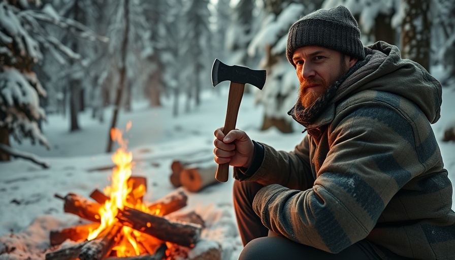 Rugged man unwinds outdoors solo by campfire in snowy wilderness.