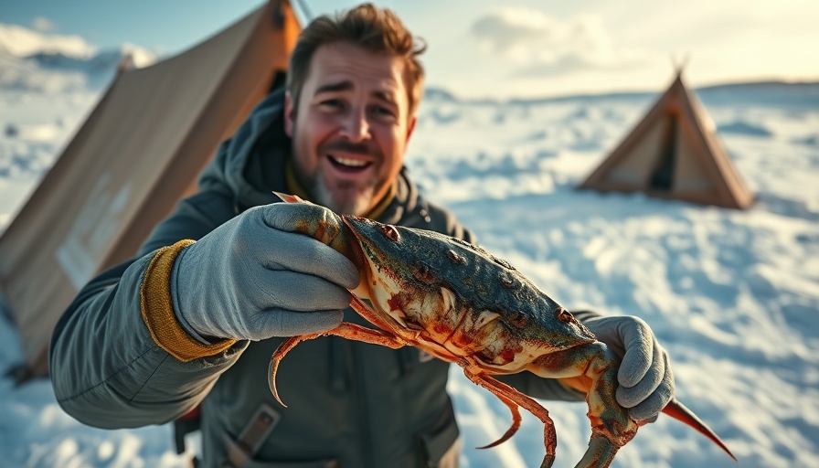 Man unwinds outdoors solo holding crab in snowy landscape.