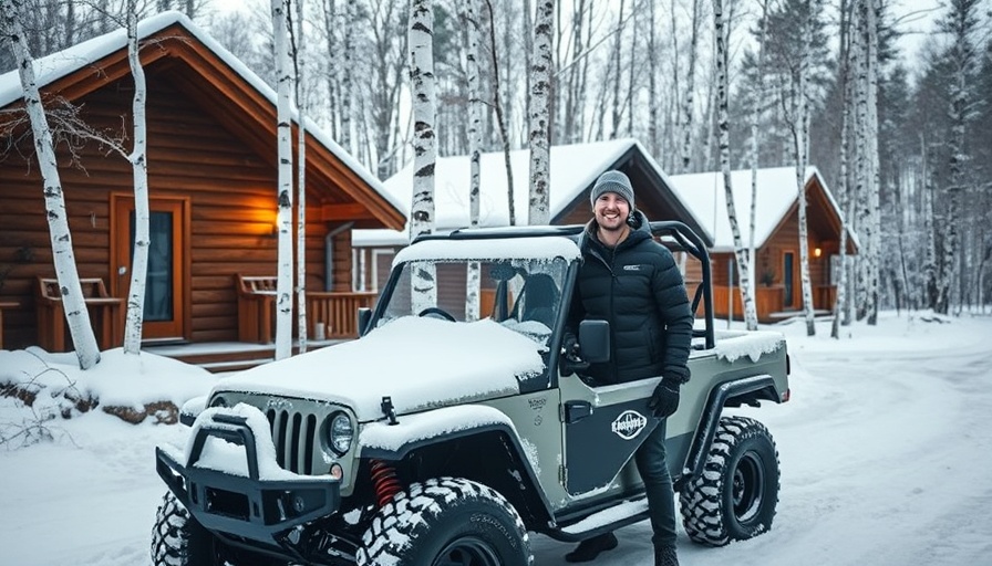Cheerful man in snowy cabin setting, unwind outdoors solo.