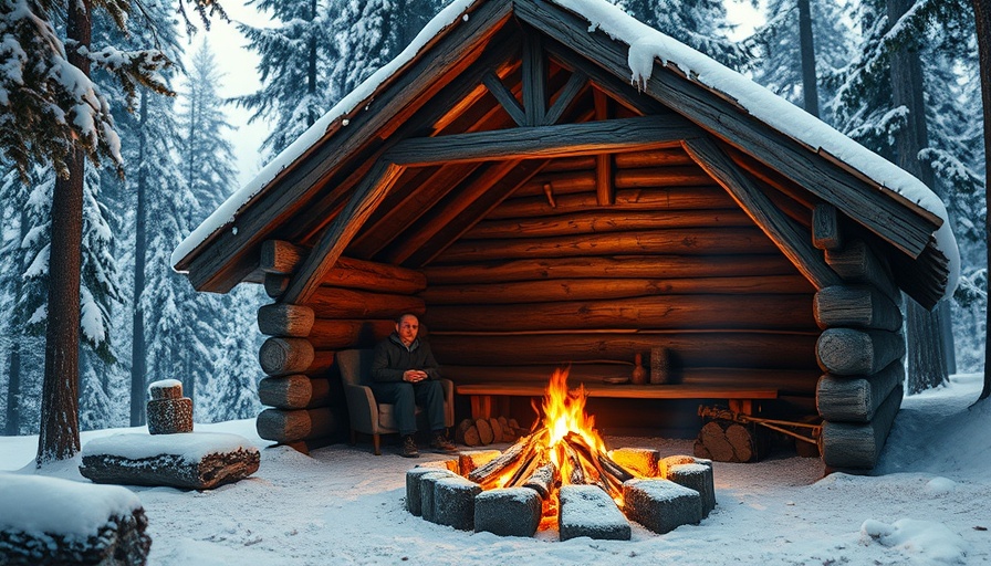 Person unwinds outdoors solo in a rustic log shelter with a campfire.