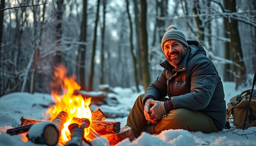 Extreme winter survival camping by a campfire in snowy forest.
