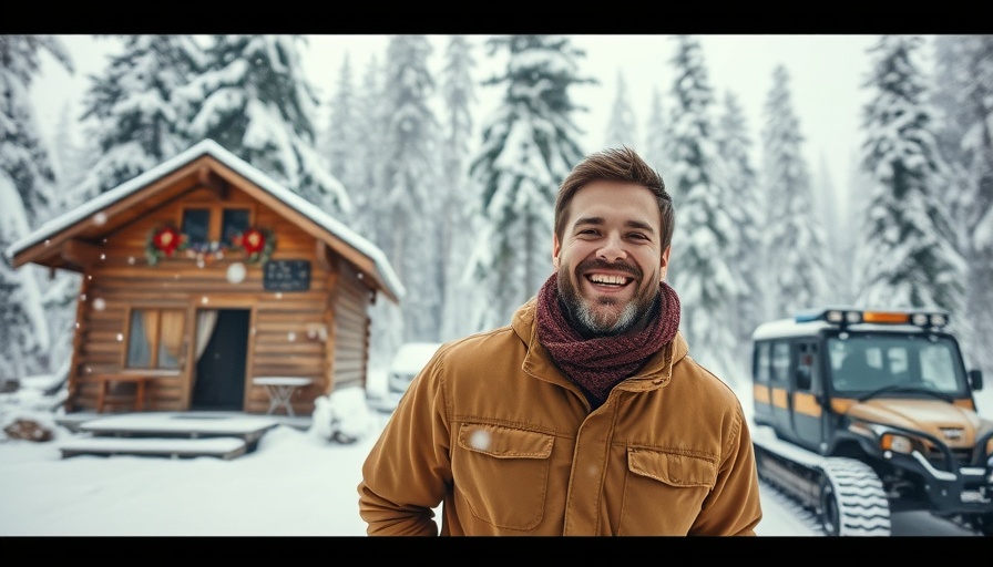 Smiling man enjoying outdoor recreational activities in a snowy forest.