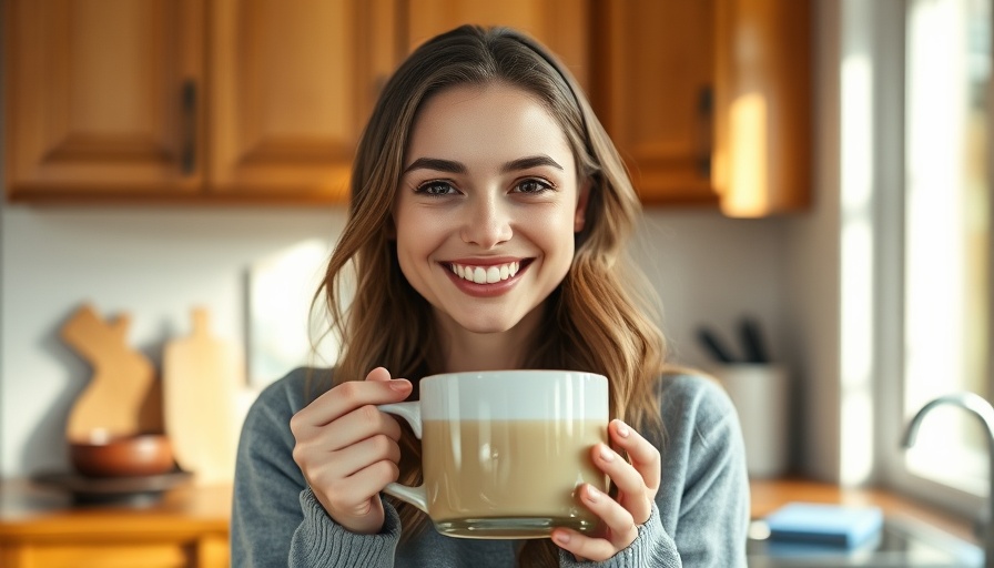 Smiling woman holding bone broth mug in a cozy kitchen.