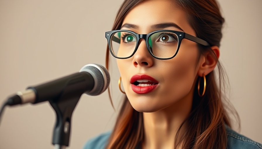 Focused woman speaking into a microphone, conveying trust in healthcare