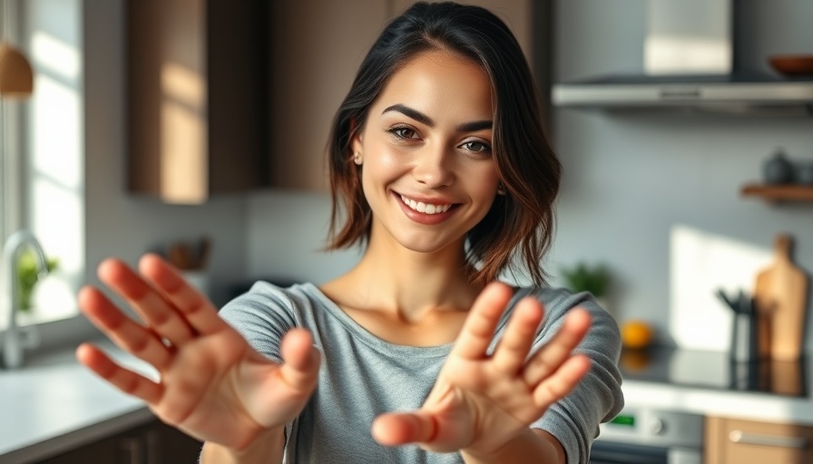 Brunette woman reaching out in kitchen, natural setting