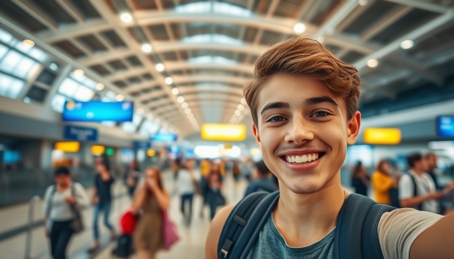Young traveler in airport smiling for outdoor travel.