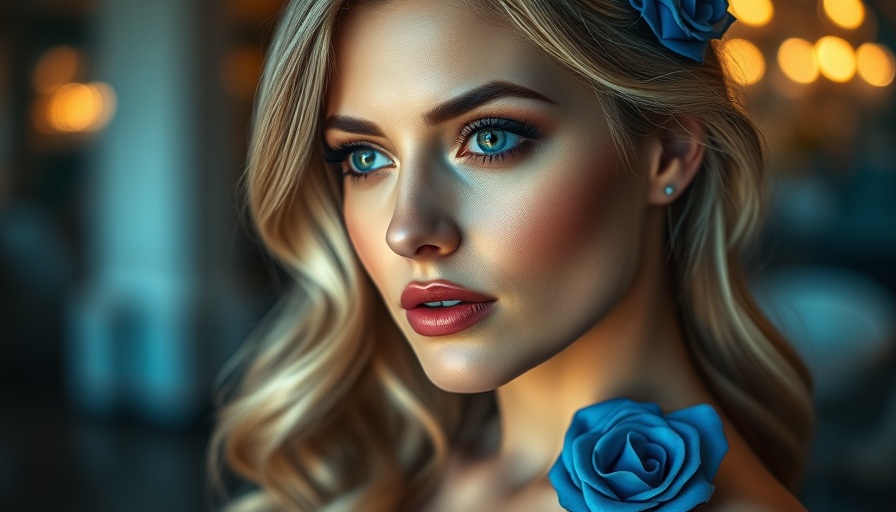 Glamorous woman with a blue rose accessory, serene expression.