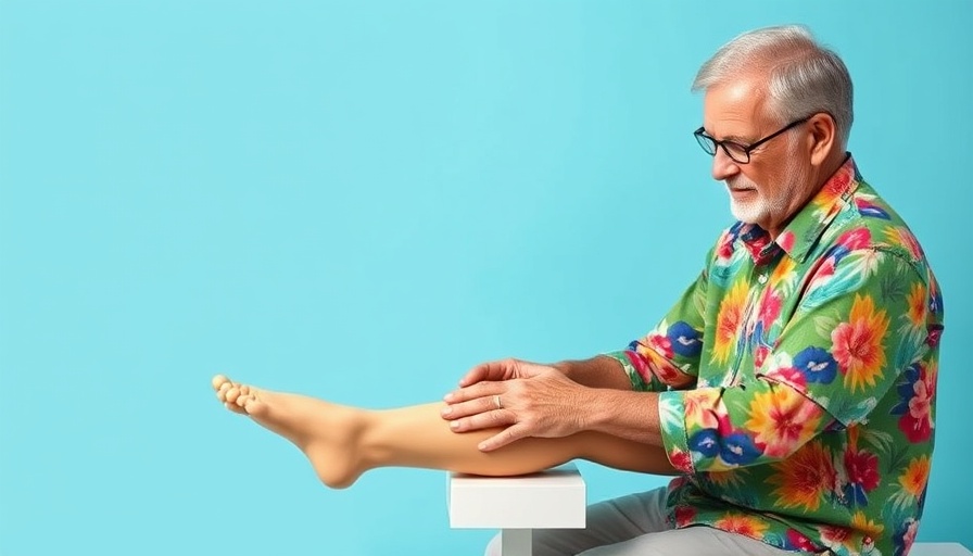 Elderly man shows acupressure technique, vibrant studio setting.