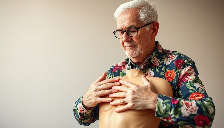 Elderly man demonstrating acupressure on mannequin for activating lung three.