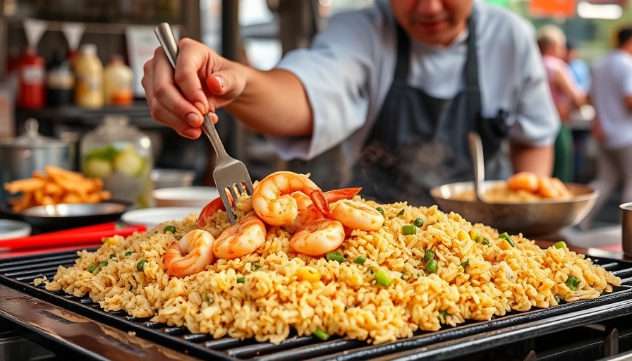 Chef cooking homemade fried rice with shrimp on a grill outdoors.