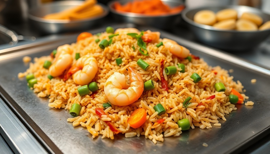 Appetizing shrimp and vegetable fried rice on a griddle, healthy dining option.