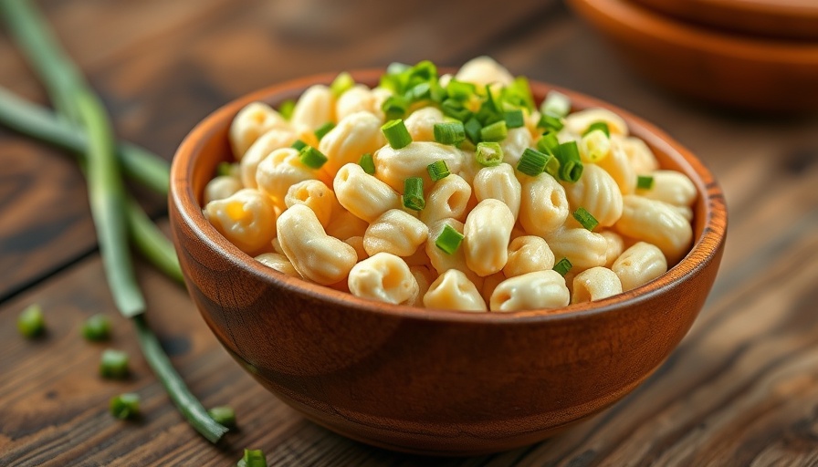 Southern macaroni salad recipe in a rustic bowl with green onions.