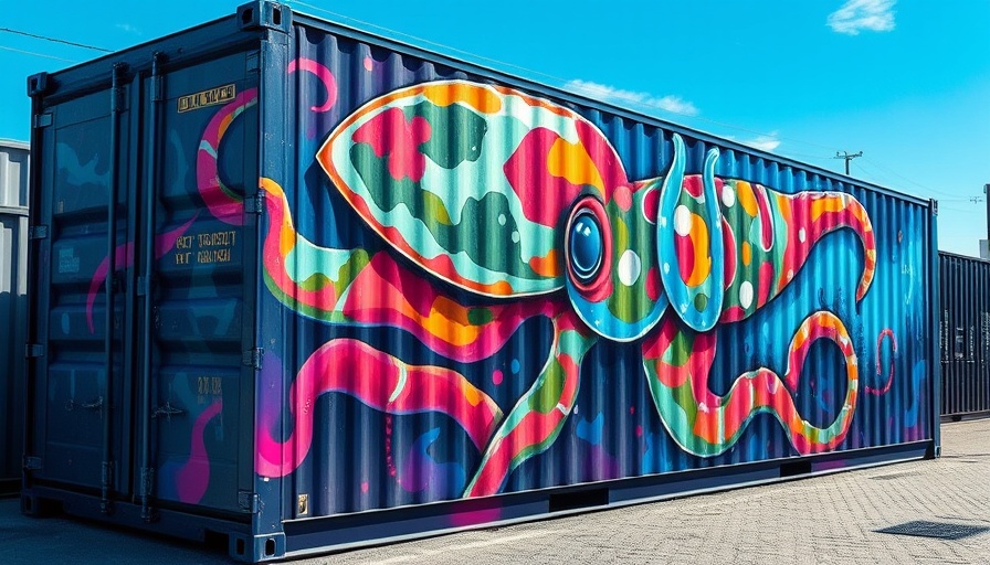 Bright mural of squid on container in Ohio.