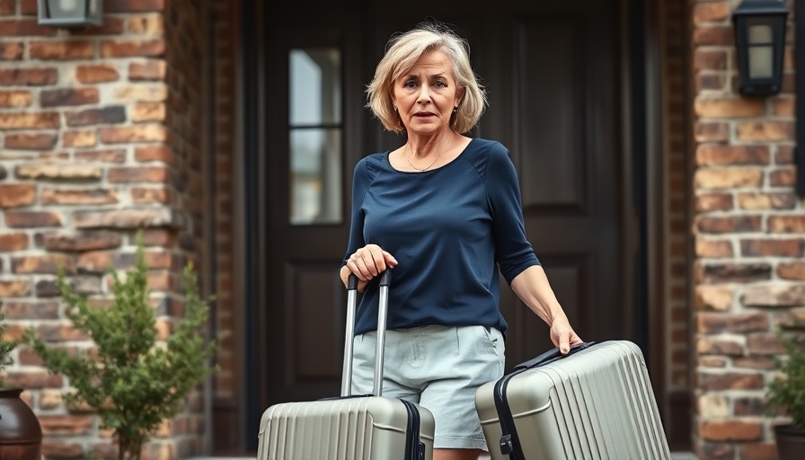 Woman in linen blend shorts for family travel, surprised with suitcase